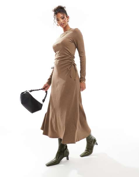 ASOS DESIGN ruched tie side rib midi dress in brown