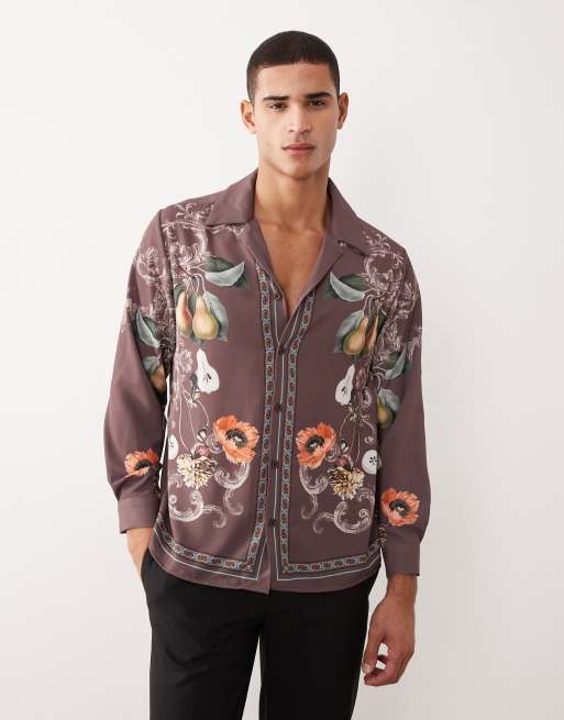 ASOS DESIGN – Brązowa satynowa koszula o luźnym kroju z kołnierzykiem kubańskim we wzór