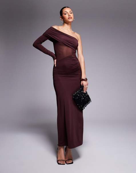 ASOS DESIGN – Brązowa siateczkowa sukienka maxi na jedno ramię z wycięciem - view 1