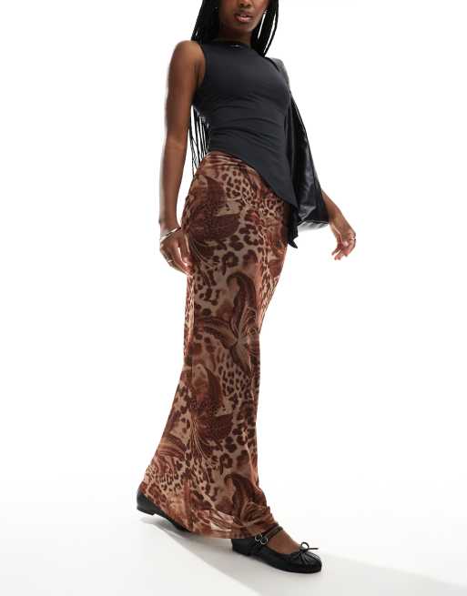 ASOS DESIGN – Brązowa siateczkowa zwiewna spódnica maxi w panterkę