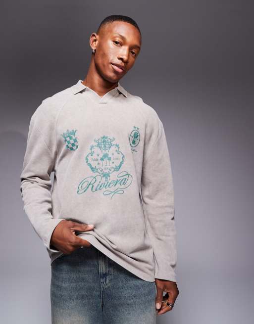 ASOS DESIGN – Brązowa sprana koszulka polo oversize z długimi rękawami i sportową grafiką