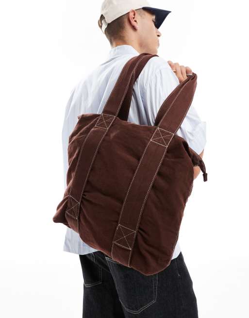 ASOS DESIGN – Brązowa sprana torba typu tote z bawełny z kontrastowymi szwami