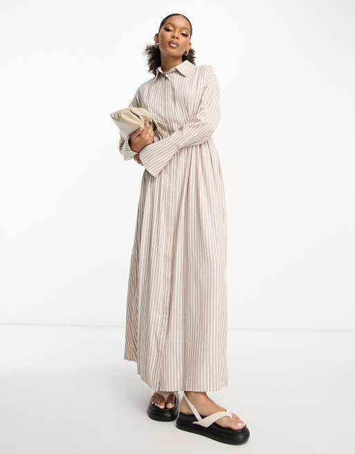 ASOS DESIGN – Brązowa sukienka koszulowa maxi z zaszewkami w talii we wzór w paski