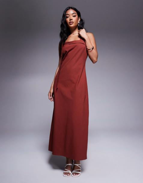 ASOS DESIGN – Brązowa sukienka maxi z dekoltem typu halter i ozdobnym węzłem - view 1