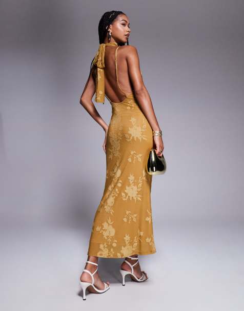 ASOS DESIGN halter neck with open back with drape detail maxi dress in bronze 
