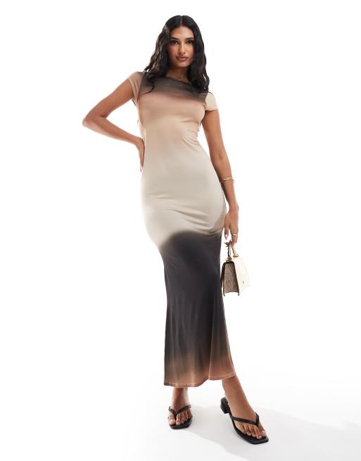 ASOS DESIGN – Brązowa sukienka maxi z wycięciem na plecach i krótkimi rękawkami we wzór ombre
