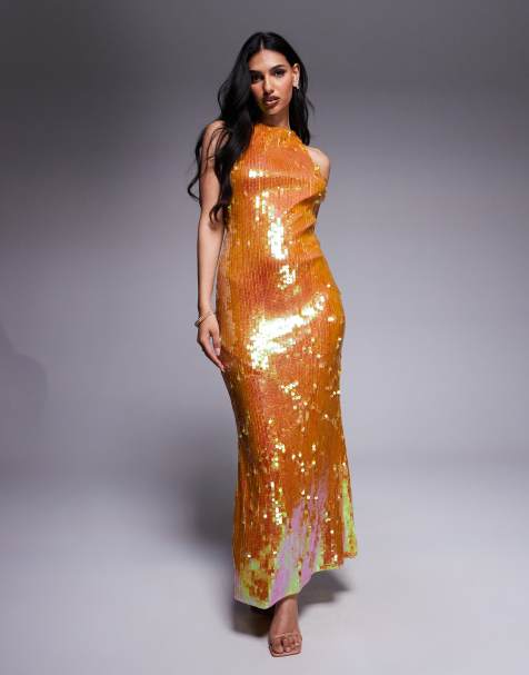 ASOS DESIGN iridescent sequin high neck maxi dress with open back in bronze