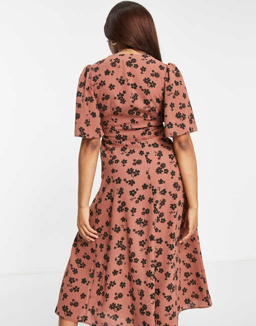 autunnoページ ASOS DESIGN – Brązowa sukienka midi w kwiaty z krótkimi