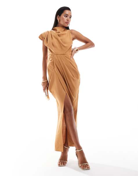 ASOS DESIGN – Brązowa sukienka midi z drapowaniem na jedno ramię - view 1