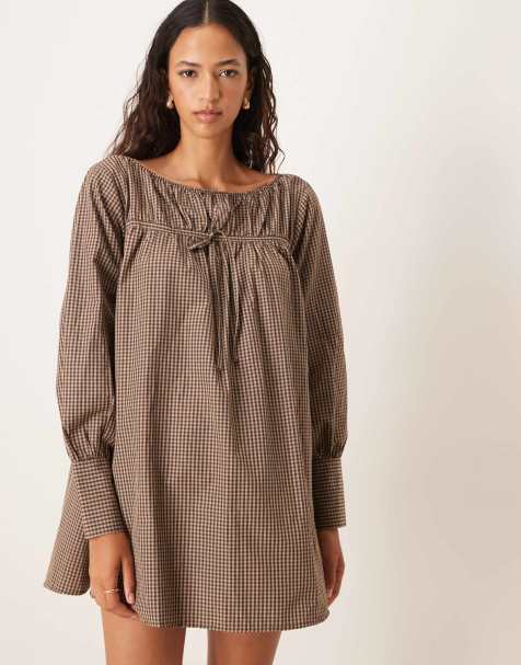 ASOS DESIGN gathered detail blouson sleeve mini dress in brown check