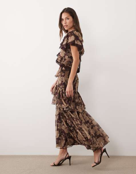 ASOS DESIGN full hem ruffle dress with trim detail and open back in brown floral