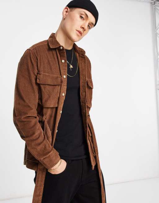 ASOS DESIGN – Brązowa sztruksowa koszula wierzchnia z kieszeniami i paskiem