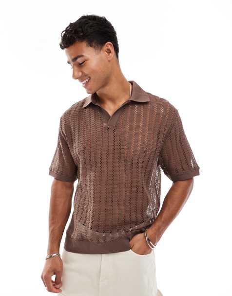 ASOS DESIGN – Brązowa szydełkowana koszulka polo o luźnym pudełkowym kroju - view 1