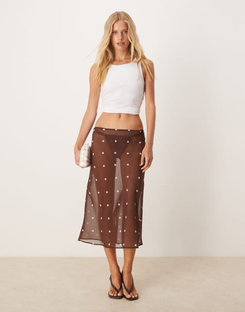 ASOS DESIGN chiffon 90's length bias midi skirt in chocolate polka dot