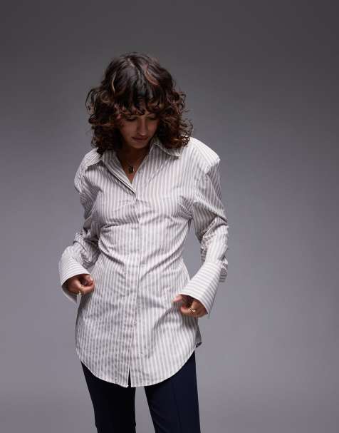 ASOS DESIGN cinch waist shirt with shoulder pads in brown stripe