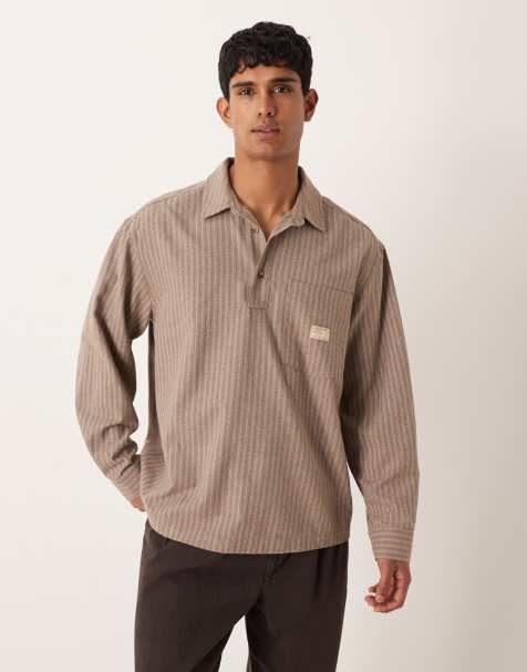 ASOS DESIGN oversized overhead stripe shirt with badge detail in brown