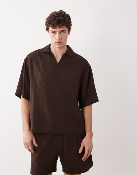 ASOS DESIGN – Brązowa zakładana przez głowę pudełkowa koszula oversize z kołnierzykiem kubańskim, część zestawu - view 1