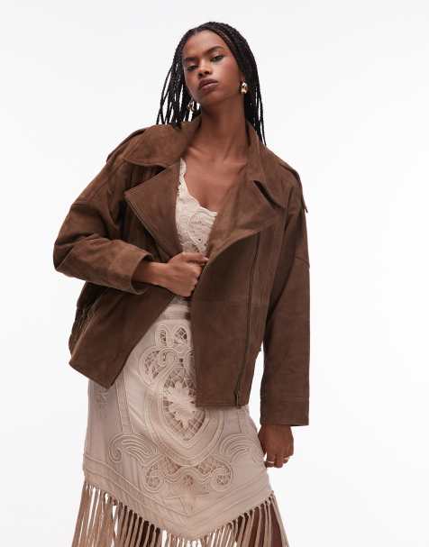 ASOS DESIGN real suede biker jacket with quilt lining in brown