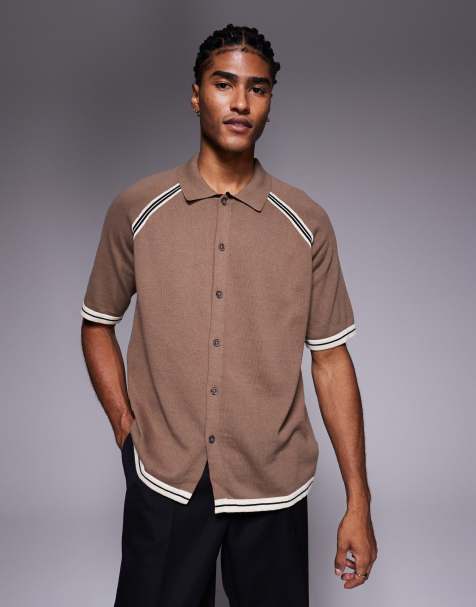 ASOS DESIGN relaxed knitted button through polo in brown with contrast tipping