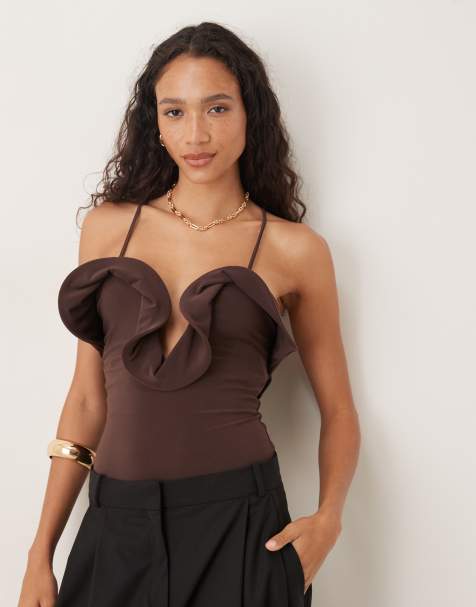ASOS DESIGN frill detail plunge halterneck bodysuit in chocolate
