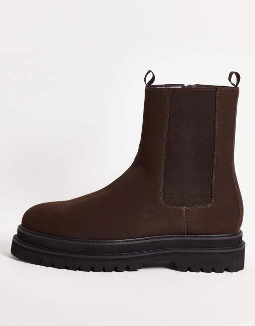ASOS DESIGN – Brązowe botki do łydki z imitacji skóry na grubej podeszwie