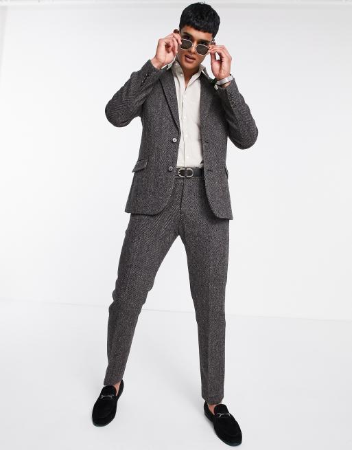 ASOS DESIGN – Brązowe dopasowane spodnie garniturowe ze 100% wełny Harris Tweed w jodełkę