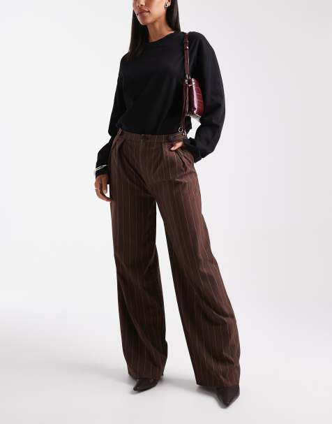 ASOS DESIGN tailored wide leg trousers with tab detail trousers in brown stripe