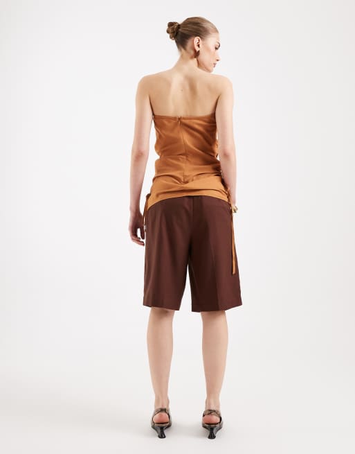 ASOS DESIGN – Brązowe dopasowane szorty bermudy z domieszką lnu, 2 z 5