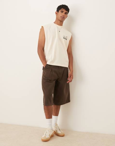 ASOS DESIGN longer length denim jort with box pleat in brown wash