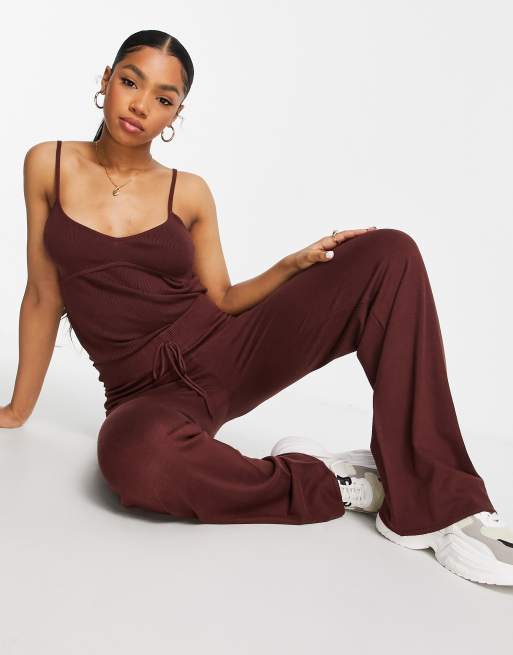 ASOS DESIGN – Brązowe dzianinowe spodnie z szerokimi nogawkami – Część zestawu