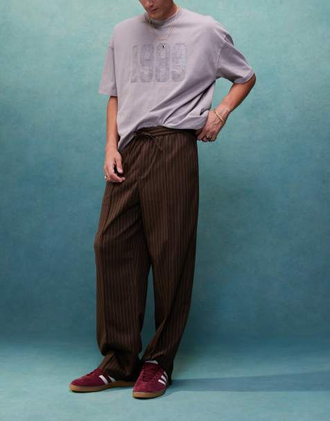 ASOS DESIGN – Brązowe eleganckie joggersy wciągane z szerokimi nogawkami w prążki - view 1