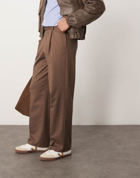 ASOS DESIGN tailored premium wide leg trousers with double pleats in brown