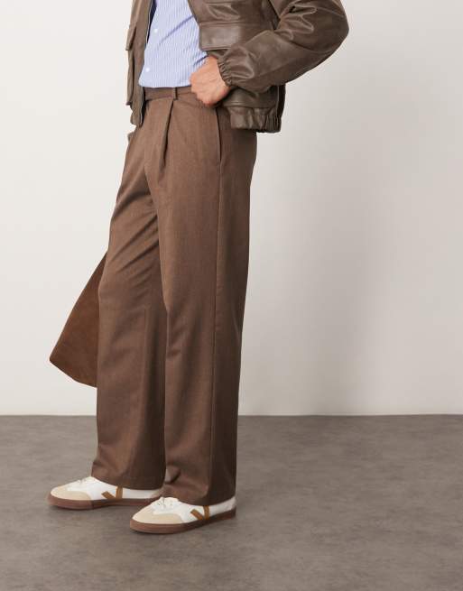 ASOS DESIGN – Brązowe eleganckie spodnie premium z szerokimi nogawkami i podwójnymi zakładkami