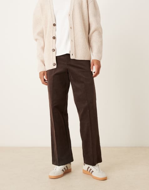 ASOS DESIGN – Brązowe eleganckie spodnie sztruksowe z dużą zawartością bawełny z szerokimi nogawkami i regulacją w pasie - view 1