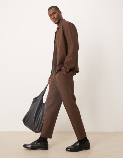 ASOS DESIGN – Brązowe eleganckie spodnie w jodełkę ze zwężanymi nogawkami i gumką w pasie, część zestawu - view 1