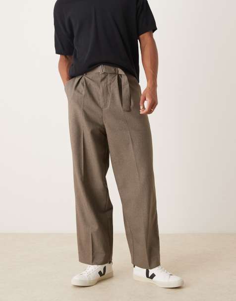 ASOS DESIGN smart wide leg belted trouser with front pleat in brown