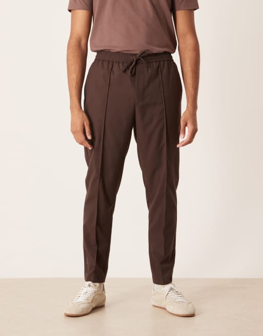 ASOS DESIGN – Brązowe eleganckie wciągane spodnie flanelowe o zwężanym kroju z przeszytym kantem