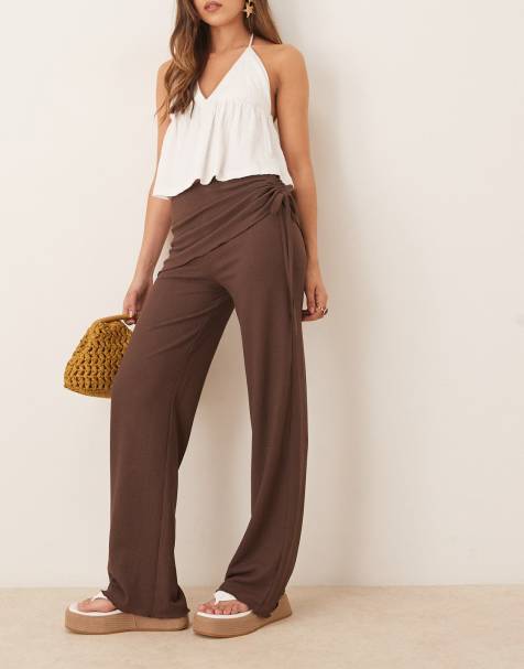 ASOS DESIGN textured fold waist detail straight leg trouser in chocolate