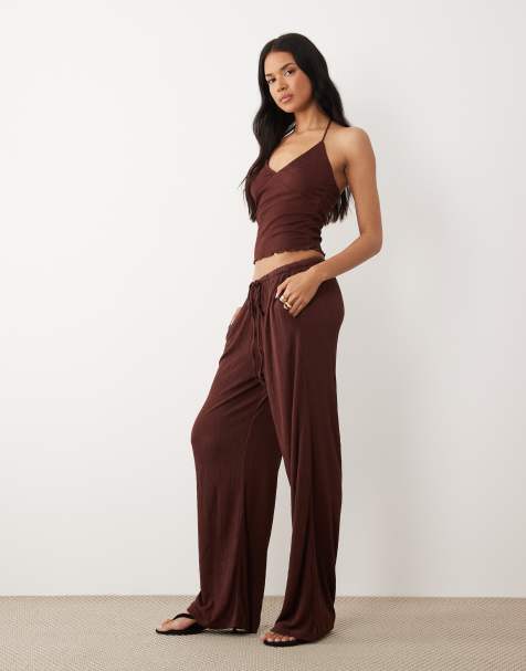 ASOS DESIGN – Brązowe gniecione spodnie z szerokimi nogawkami i ściągającym sznurkiem, część zestawu - view 1