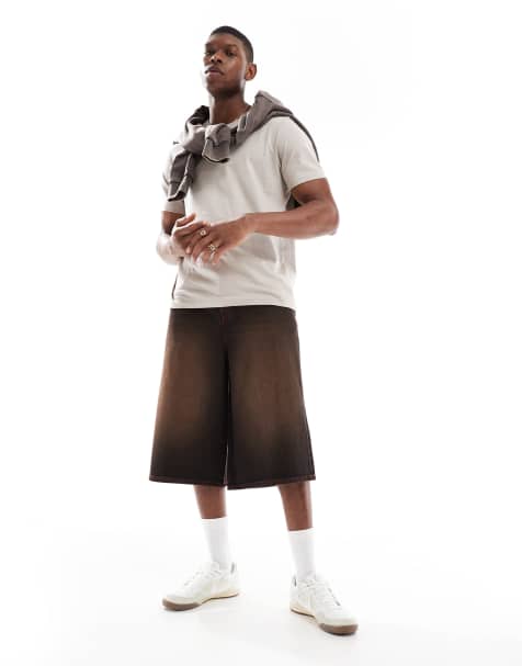 ASOS DESIGN – Brązowe jeansowe jortsy o wydłużonym fasonie z czerwonymi szwami - view 1