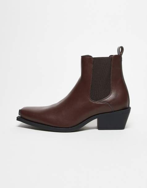 ASOS DESIGN – Brązowe kowbojskie botki sztyblety na obcasie kubańskim ze srebrnymi noskami - view 1
