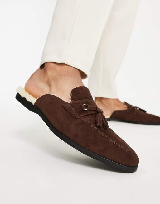 ASOS DESIGN – Brązowe loafersy bez pięt z imitacji zamszu z frędzlami i wyściółką z kożuszka