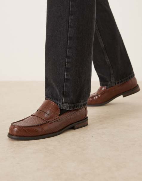 ASOS DESIGN – Brązowe loafersy penny z imitacji krokodylej skóry - view 1