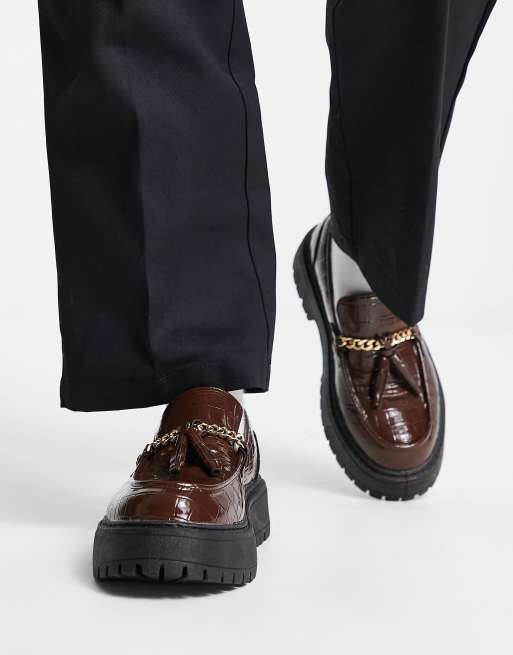 ASOS DESIGN – Brązowe loafersy z imitacji skóry krokodyla na masywnej podeszwie
