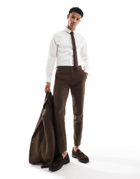 ASOS DESIGN – Brązowe obcisłe spodnie garniturowe z diagonalu z domieszką wełny - view 1