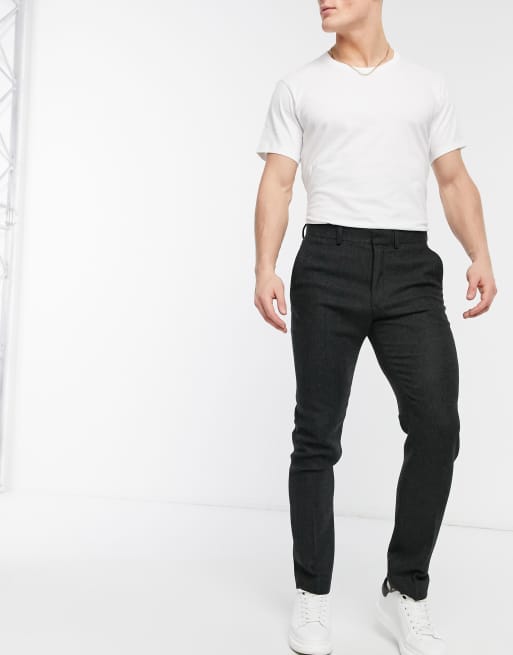 ASOS DESIGN – Brązowe obcisłe spodnie garniturowe z domieszką wełny i wzorem w jodełkę