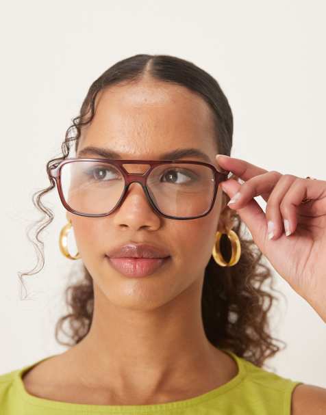 ASOS DESIGN – Brązowe okulary przeciwsłoneczne typu aviator z przezroczystymi soczewkami - view 1