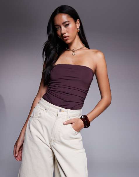 ASOS DESIGN ruched side bandeau bodysuit in slinky in brown 