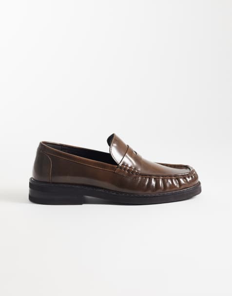 ASOS DESIGN – Brązowe skórzane loafersy penny z marszczonymi noskami typu apron toe - view 1