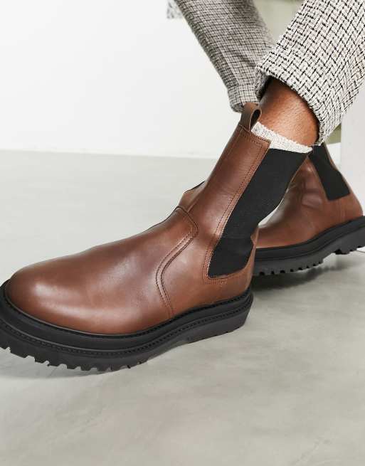 ASOS DESIGN – Brązowe skórzane sztyblety do połowy łydki na warstwowej podeszwie, 3 z 4